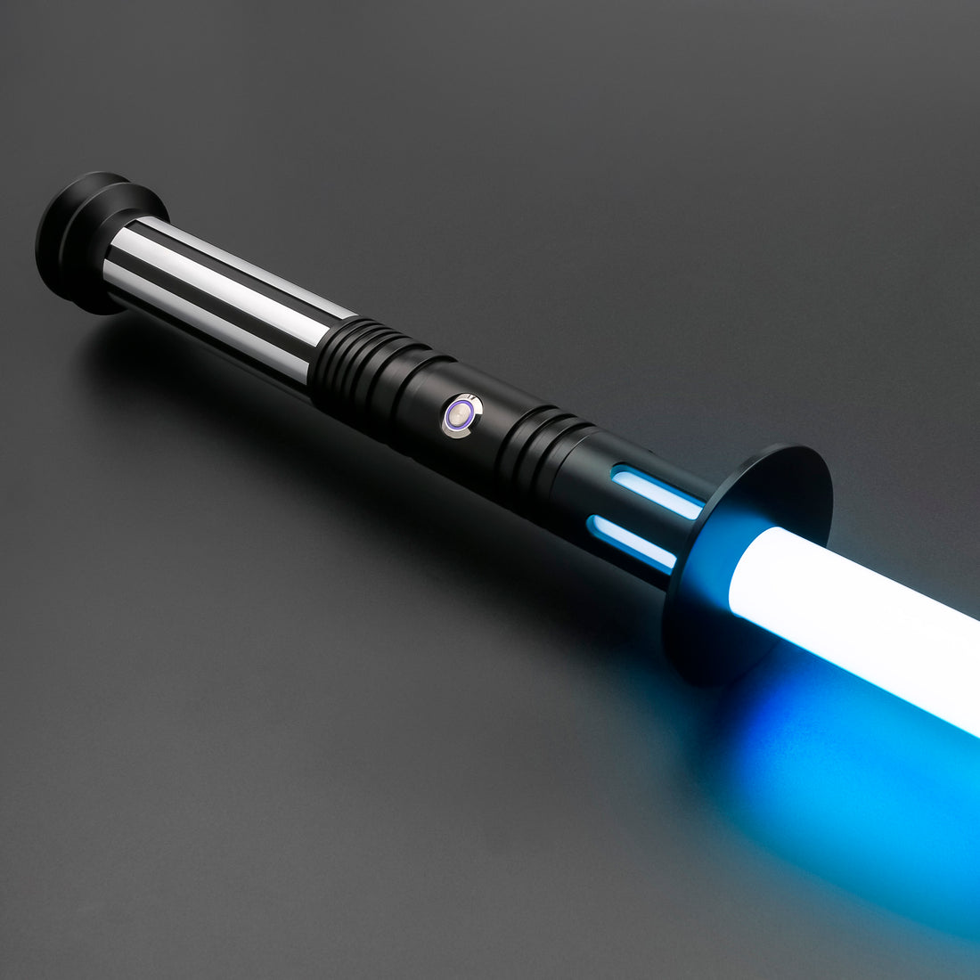 A black lightsaber with a blue blade